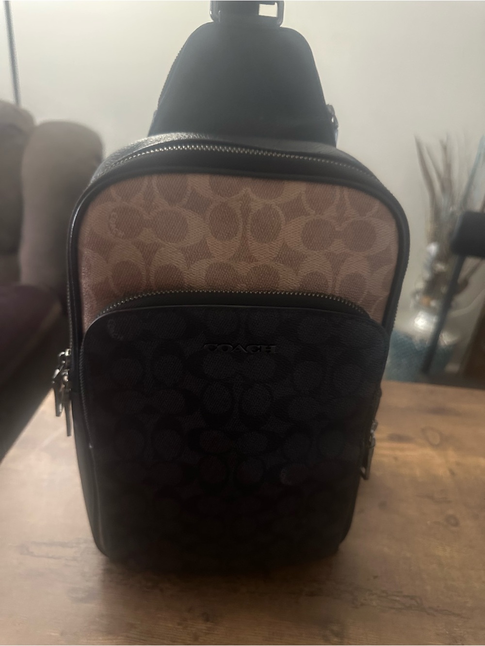 Coach Men’s Two-Tone Signature Sling Bag in Brown and Black